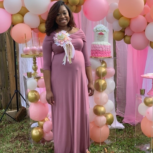 Mother Bee  Mauve Solid Off Shoulder Plus Maternity Maxi Dress - Picture 1 of 8